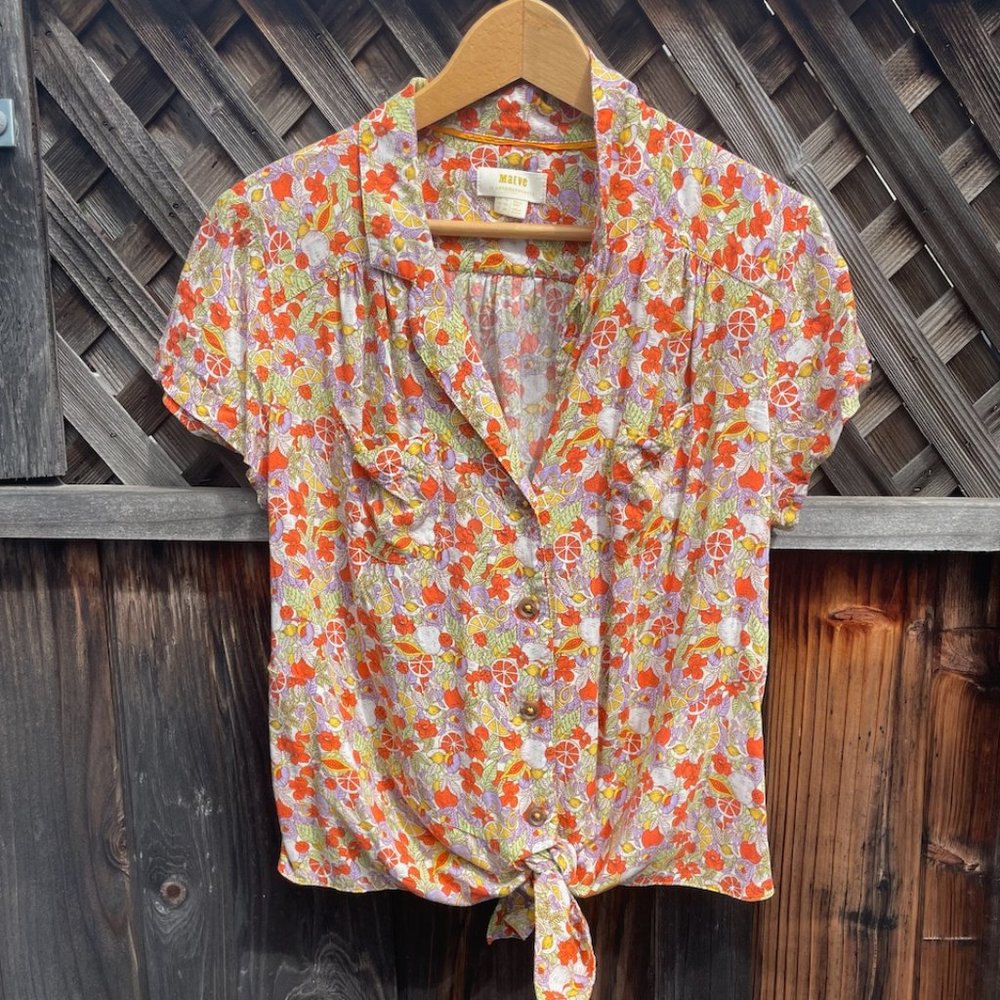 Maeve Bateau Fruit & Flowers Tie Front Blouse Short Sleeve